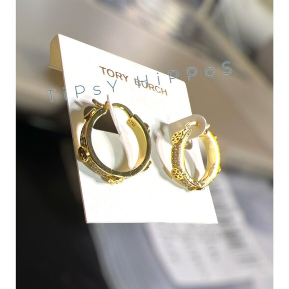 ✺ Gold-Tone Tory Burch Miller Gold and Crystal Logo Huggie/Hoops ✺✺ - Picture 5 of 5